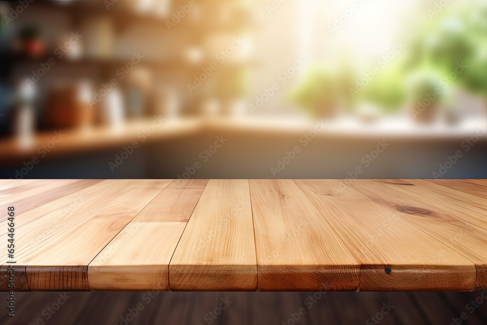 Wooden tabletop on blurred kitchen background for product display or design layout Wooden tabletop on blurred kitchen background for product display or design layout