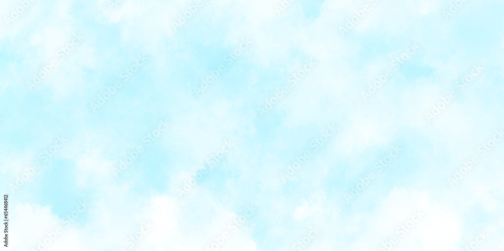 clear and smooth watercolor blue sky background, white clouds on decorative blue paper, blue grunge texture with white smoke, fresh and clear marble painting blue watercolor background for any design.