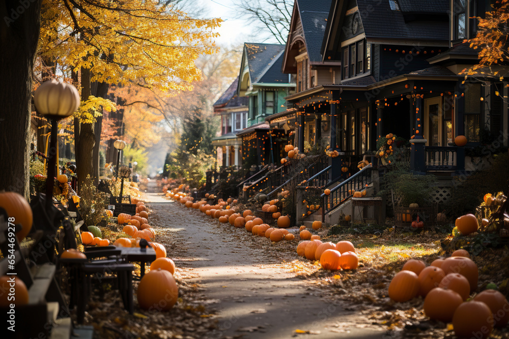 Beautiful Halloween decorated old style cozy houses. Holidays decoration on neighbourhoods. 