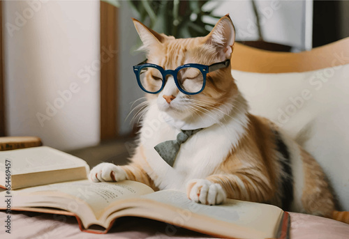 cat with glasses reading a book