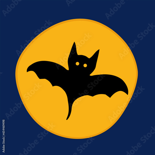 Halloween Icon bat with terrible grimace. Vector Black silhouettes icon in yellow circle moon.