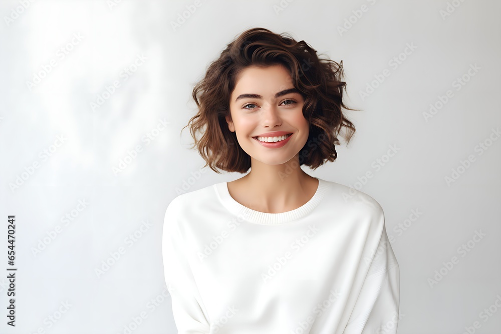 Studio Portrait of a Young, Happy Woman Gazing into the Camera – Capturing Beauty, Confidence, and Joy, White - obrazy, fototapety, plakaty 