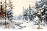 Winter landscape with pine trees in watercolor style. Snow-covered spruce forest. Christmas mood