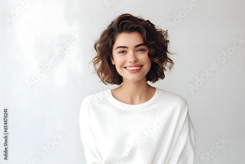 Studio Portrait of a Young, Happy Woman Gazing into the Camera – Capturing Beauty, Confidence, and Joy, White