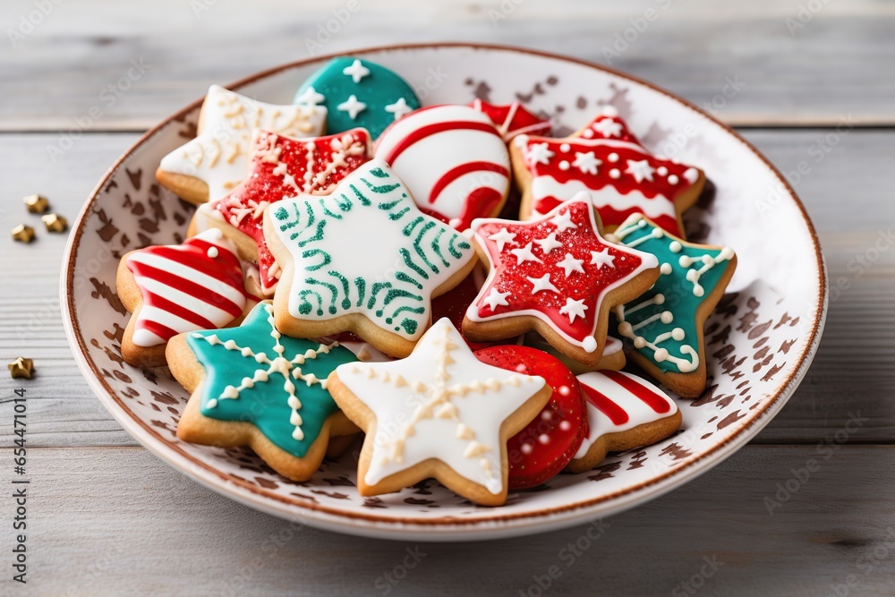 Christmas cookies in plate on white wooden background