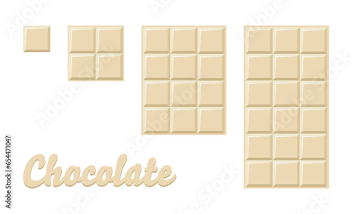 Set of milk white chocolate bar. Yummy  milky choco part . Cacao sweet food design. Flat vector illustration isolated on white background.