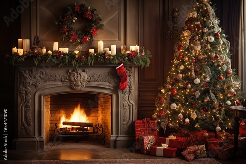 Living room interior with christmas fir tree and fireplace
