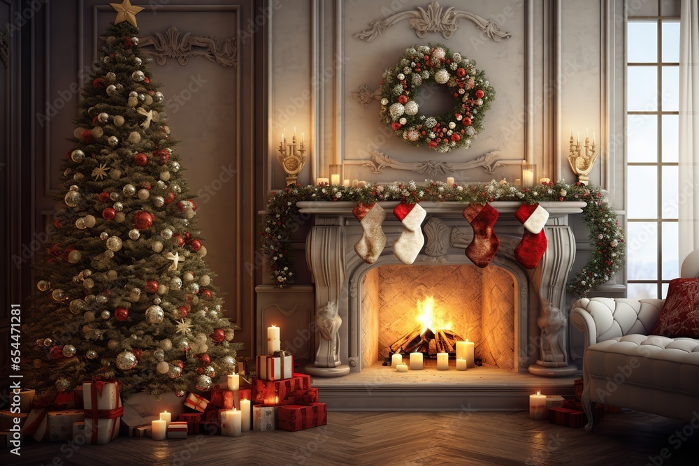 Living room interior with christmas fir tree and fireplace