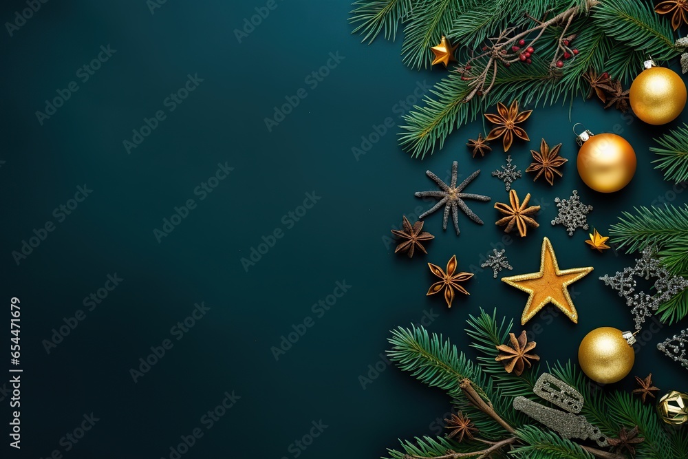 Christmas holiday decorations on green background
