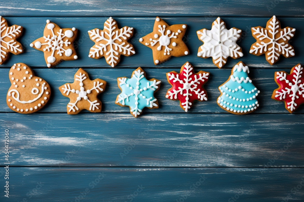 Christmas cookies on blue wooden background