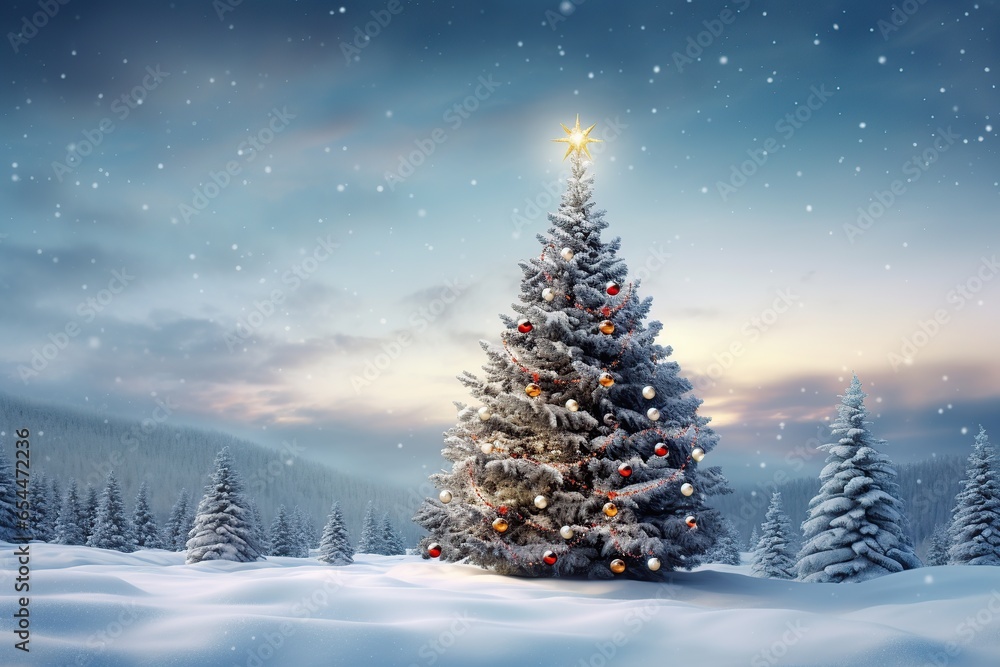 Decorated christmas fir tree in a snowy winter
