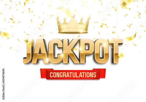 Shining sign Jackpot with golden crown and falling confett. Vector illustration.