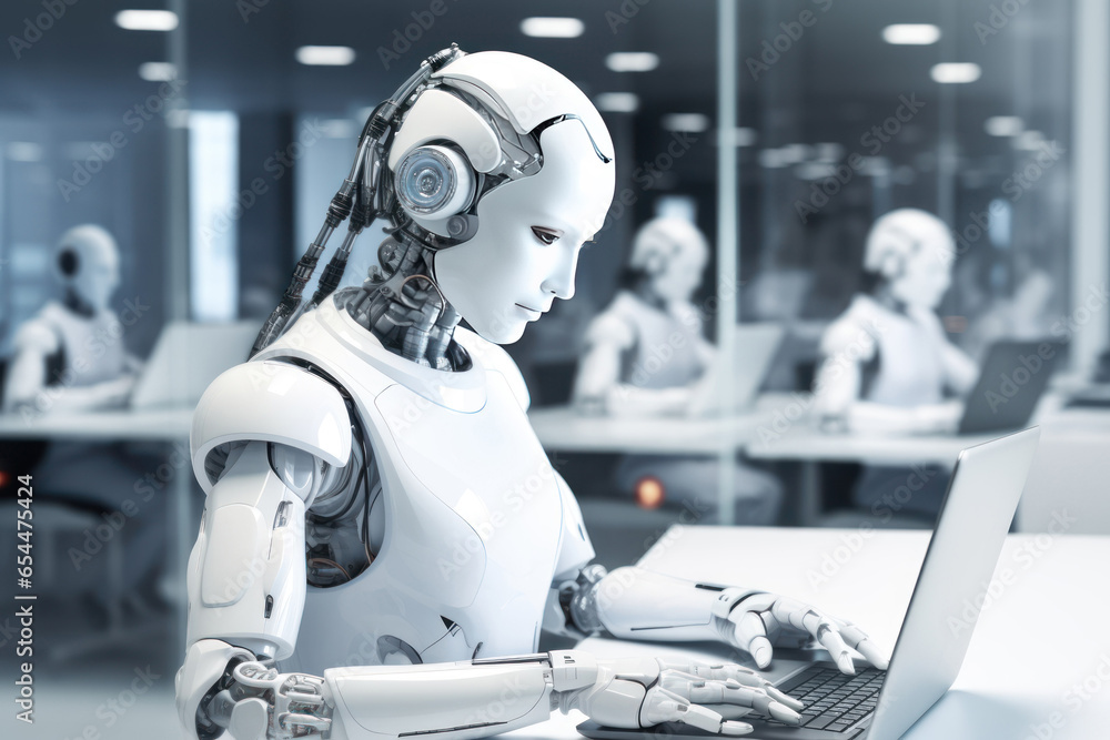 Artificial intelligence female humanoid robots working on computers in modern office. Chatgpt ai androids Artificial intelligence female humanoid robots working on computers in modern office. Chatgpt ai androids