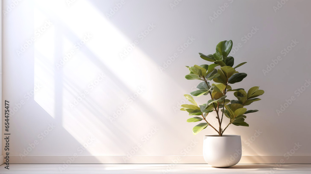 Houseplant ficus lyrata in a flower pot in a lighted room.