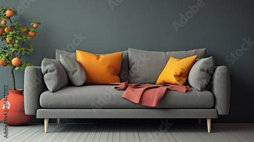 Interior with gray sofa and bright pillows