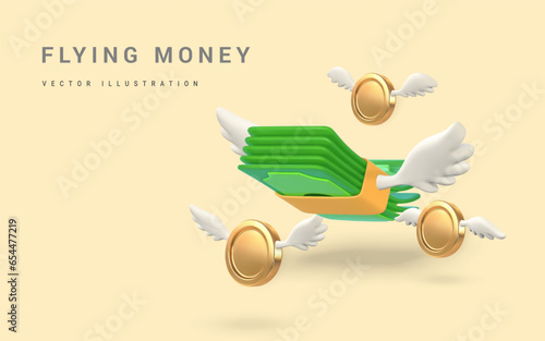 3D green flying stack of money and gold coins with white wings in cartoon style. Business and finance object for banner design. Vector illustration