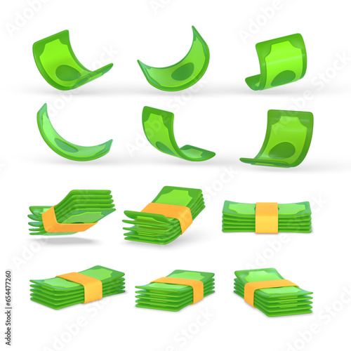 3D set of green dollar in cartoon style. Business and finance object for banner design. Vector illustration