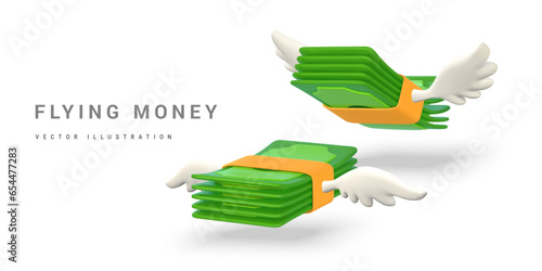3D green flying stack of money with white wings in cartoon style. Business and finance object for banner design. Vector illustration
