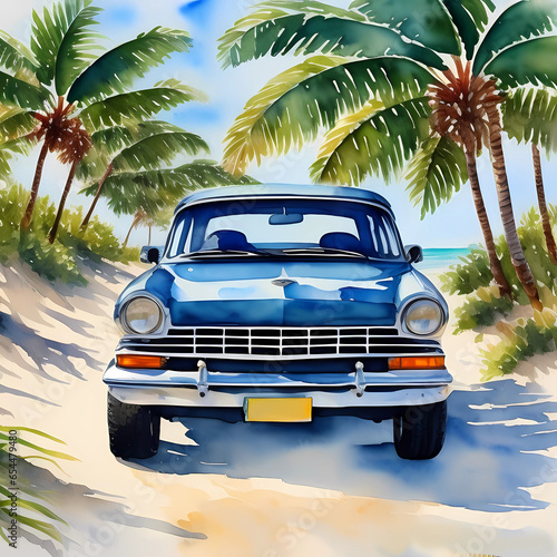 Car on the beach, palm trees, on the seashore.