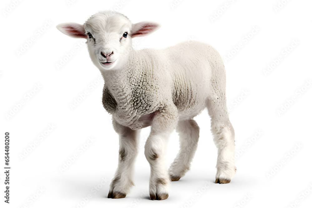 Young lamb is baby of sheep is domestic animal cutout on white background close up Young lamb is baby of sheep is domestic animal cutout on white background close up