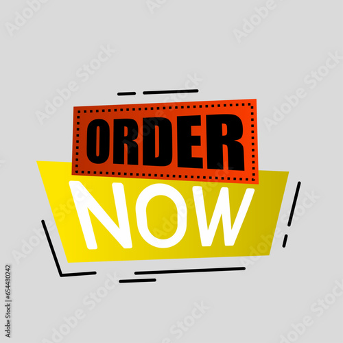 Simple Flat Order Now Text Banner with Red and Yellow Color Isolated on Gray Background Design.