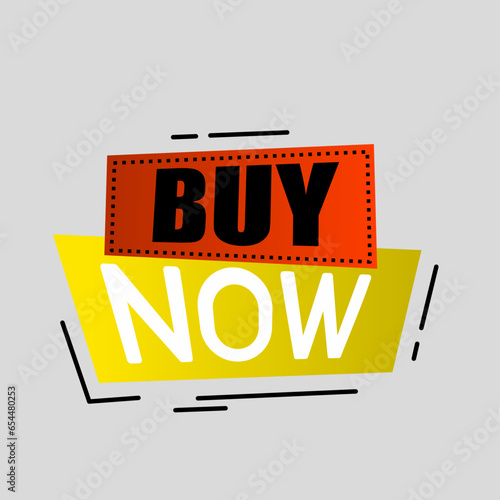 Simple Flat Buy Now Text Banner with Red and Yellow Color Isolated on Gray Background Design.