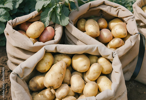 harvest of potatoes in bags in the garden