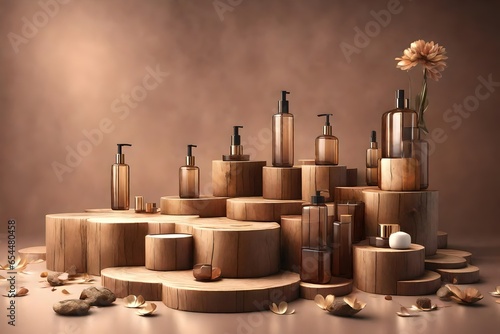 Rustic wood pieces podium. Background for perfume, jewellery and cosmetic products