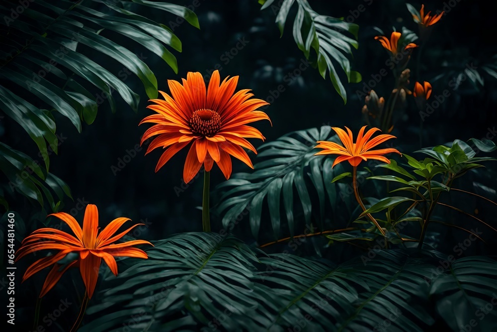 orange colour  flower on dark tropical foliage nature background