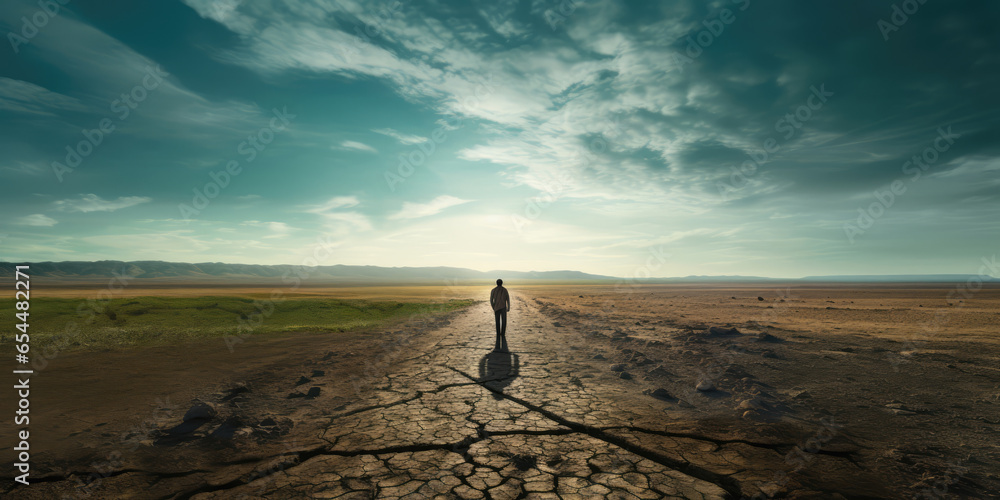 Climate change concept. silhouette of a man walking a dry cracked path. 