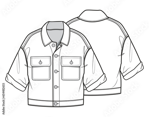 Short Sleeve Drop Shoulder Denim Crop Jacket  Front and Back View. Fashion Flat Sketch Vector Illustration, CAD, Technical Drawing, Flat Drawing, Template, Mockup.