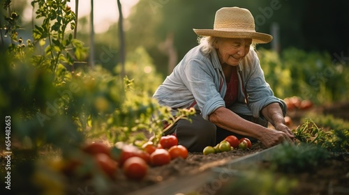 The pretty older woman in a hat picking tomatoes in her summer garden. Small agricultural farm.Generative AI