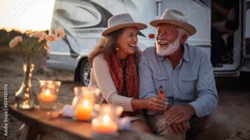 utdoors at sunset and bonding with true emotions. Carefree cheerful retired couple  enjoying wellness.