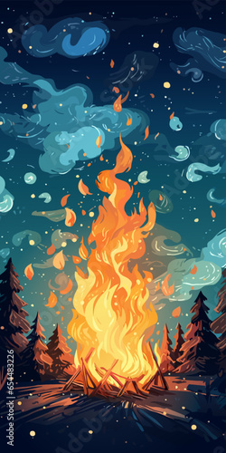 Campfire in the forest in the night. Vector illustration of fire in the nature. Traveling illustration. Holiday camp, cartoon style landscape. 