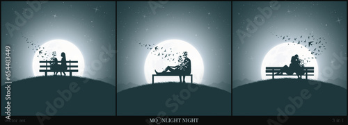 Loving couple on bench. Death and afterlife. Flying birds, full moon