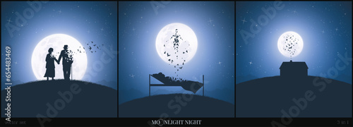 Elderly couple on hill. Human soul fly out of house. Death, afterlife