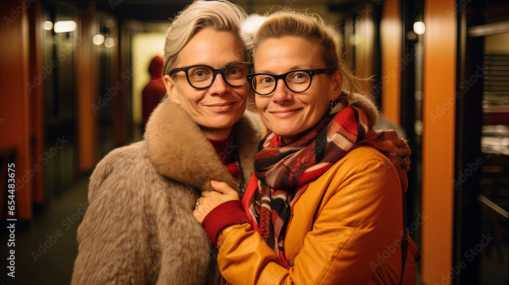 Two women in love lesbians with happy faces embrace each other affectionately.Generative AI