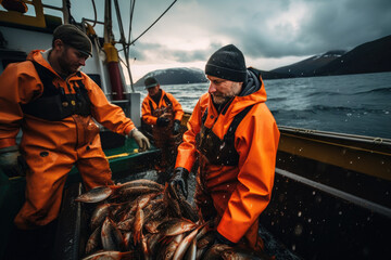 A dedicated fisherman on a boat in the clear blue waters of a Norwegian fjord, working hard to catch cod.