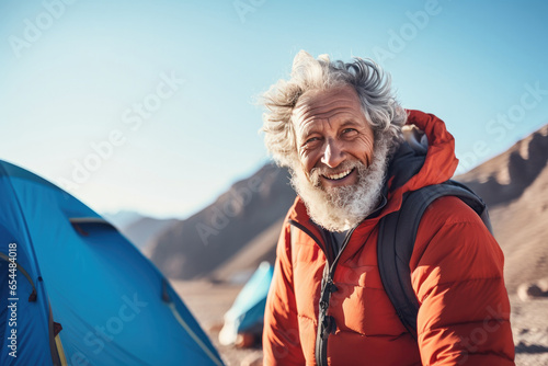 A happy and cheerful senior adventurer, with a backpack, exploring the beauty of nature in the mountains during a summer vacation.