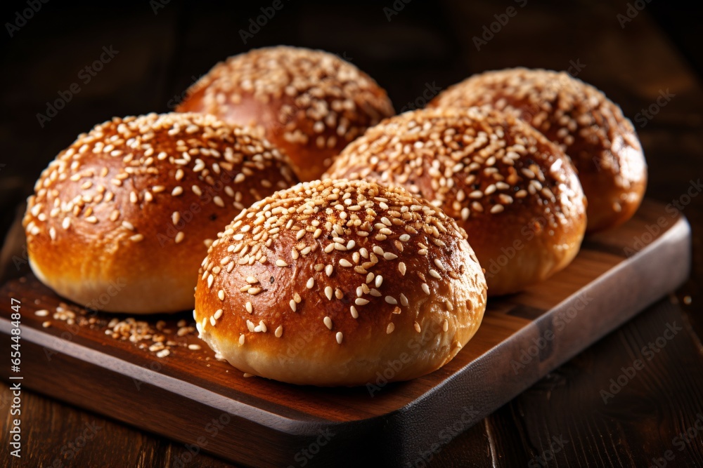 freshly baked buns with sesame seeds and cinnamon on a wooden background