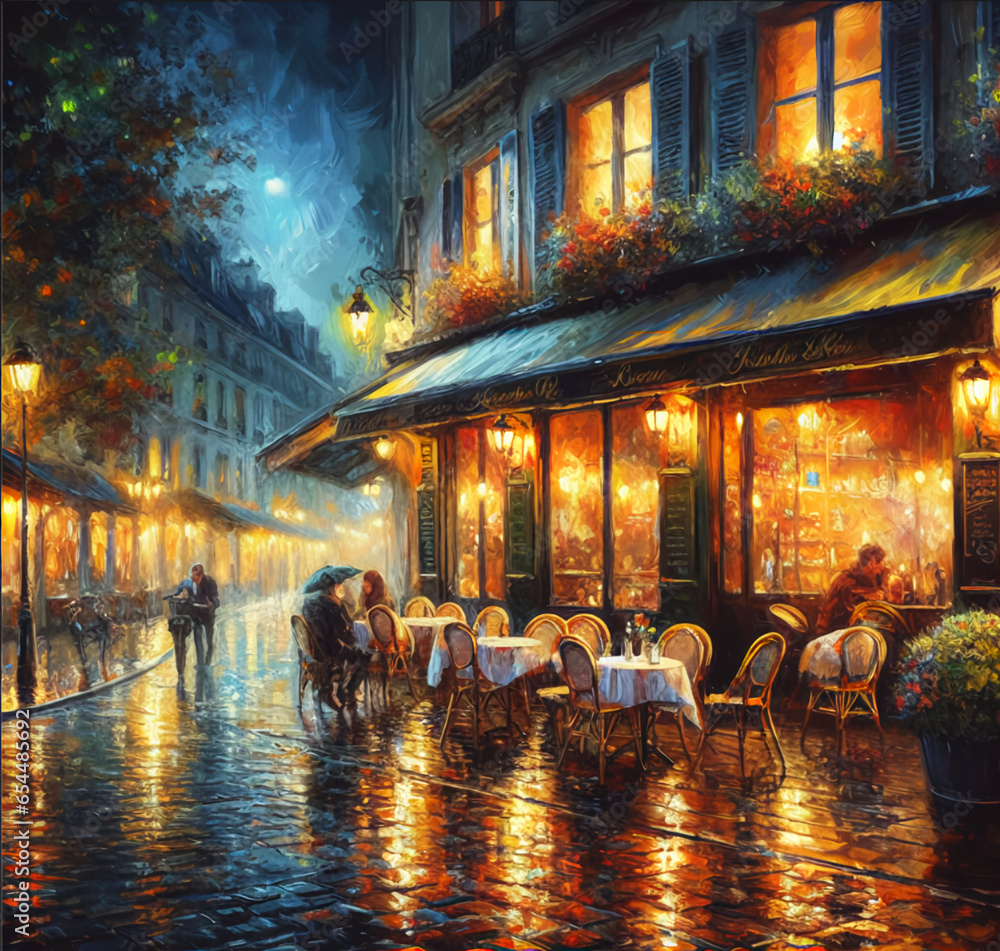 A painting of a cafe on a rainy night, rainy evening, parisian street at night, AI generated