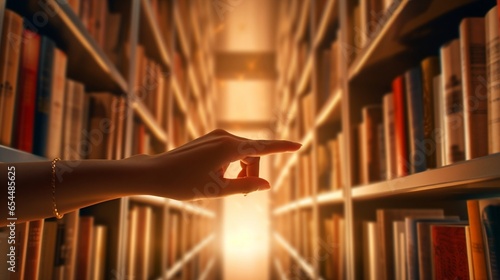 Hand choosing books from library shelf with backlight