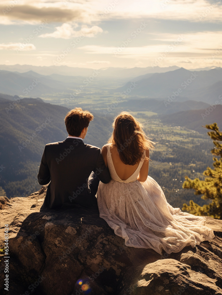 Elopement, bride and groom in casual attire, atop a mountain, panoramic views of the valley below, ethereal, natural sunlight