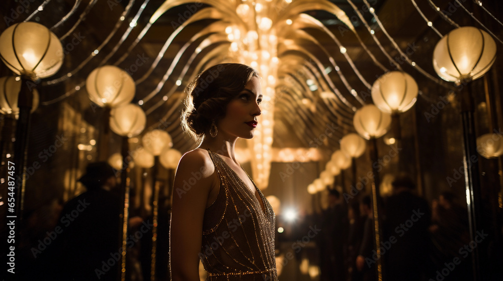 Gatsby - themed wedding, bride in a vintage 1920s dress, art deco venue, black and gold color scheme, extravagant, soft spotlighting - obrazy, fototapety, plakaty 