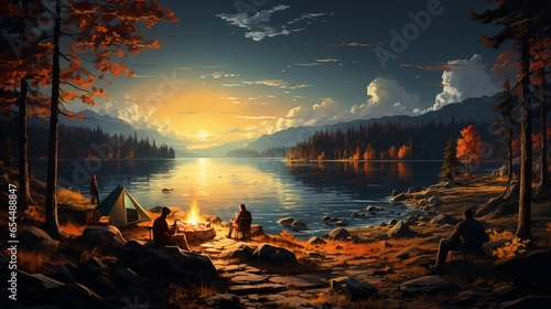 Hiking  relaxing by the fire  warming yourself by the flame. A break from city life  wild nature and camping. Concept  illustration  graphic drawing hiking tourism