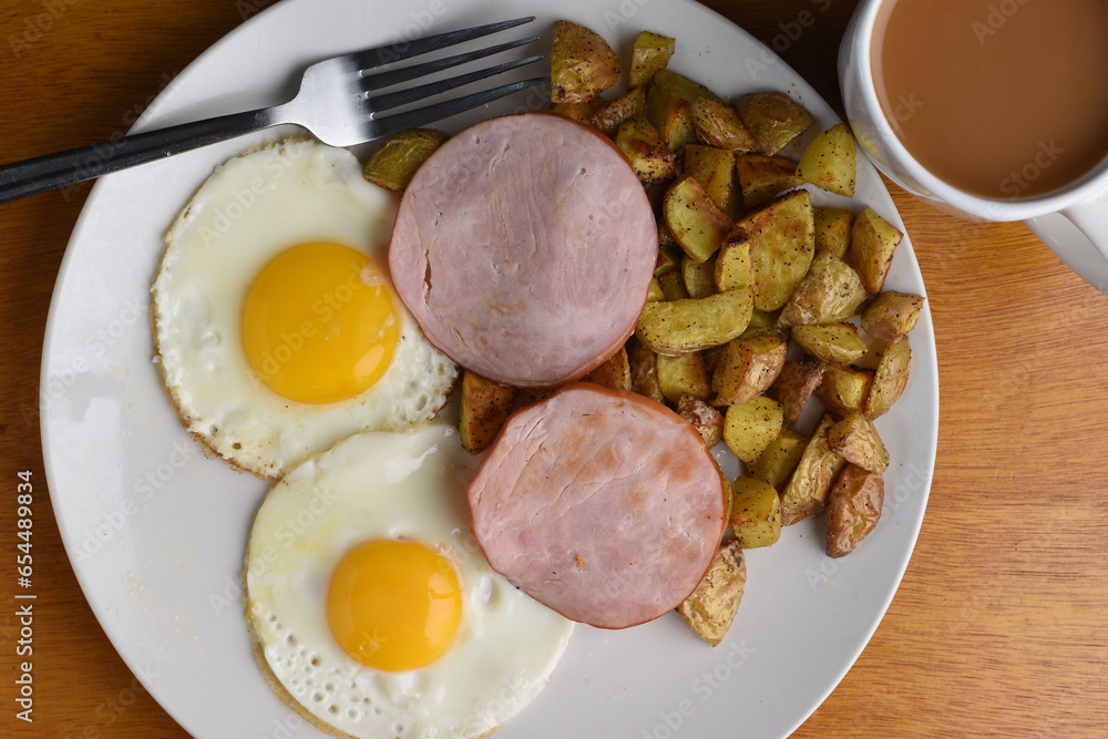 canadian bacon with fried eggs and home fries canadian bacon with fried eggs and home fries