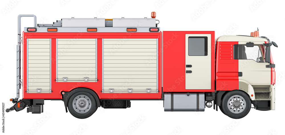 Fire engine truck, side view. 3D rendering isolated on transparent background Fire engine truck, side view. 3D rendering isolated on transparent background