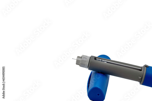 Blue Medical Autoinjector pen close up with copy space 