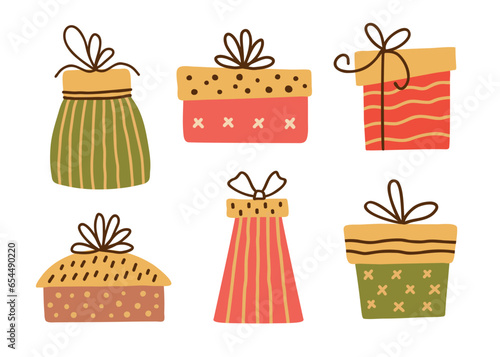 Cute set of hand drawn gift boxes. Merry Christmas and happy birthday decor. Doodle collection childish surprise presents package. Flat vector illustration.