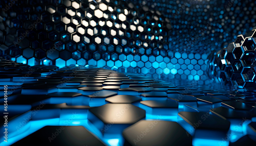 Fototapeta premium abstract texture with hexagons on a black background with neon glow